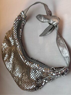 Britney Brands| Silver Metal Mini Shoulder Bag Clutch w/Knot Strap 5 x 9”